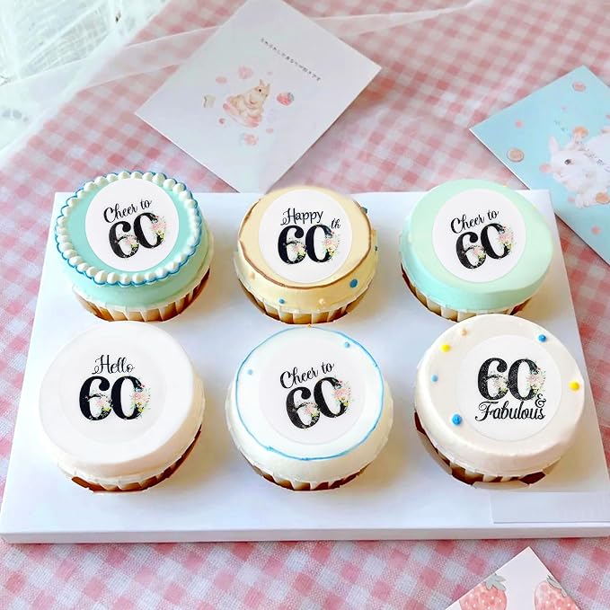 40Pcs Edible Circle Happy 60th Birthday Cupcake Toppers Edible Floral Hello 60 Fabulous Cheers to 60 Cupcake Picks Drink Toppers for Funny Female Floral 60th Birthday Party Decorations