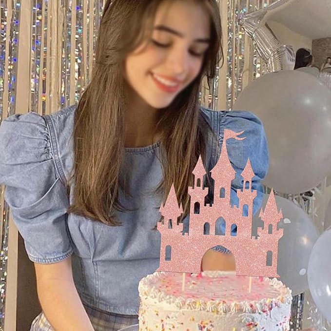 1 PCS Castle Cake Topper Glitter Queen Princess Castle Cake Pick Castle Theme Birthday Party Decoration for Princess Happy Birthday Girls Baby Shower Party Cake Decorations Supplies Rose Gold