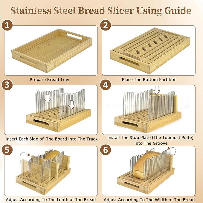 Bamboo Bread Slicer for Homemade Bread | Adjustable Width, Stainless Steel Slicing Guides, Crumb Tray, For Sourdough, Cakes, Loaves, Bagels