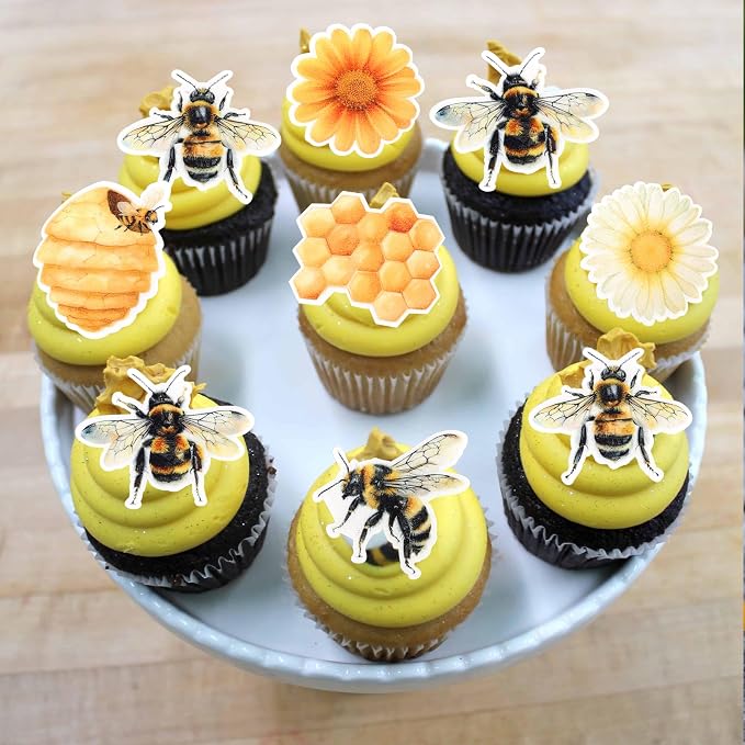 63 PCS Edible Bumble Bee Cupcake Toppers Honey Bee Daisy Cupcake Picks Edible Sunflower Oh Babee Cupcake Decorations for Bee Theme Baby Shower Kids Birthday Party Cake Food Decorations Supplies