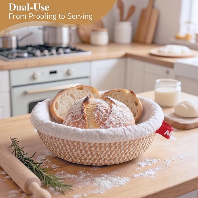 Sourdough Bread Baking Supplies,10" Round and 11" Oval Cotton Rope Banneton Proofing Basket with Liners & Covers，Ideal for Artisanal Breadmaking for Home and Professionals Bakers Baking