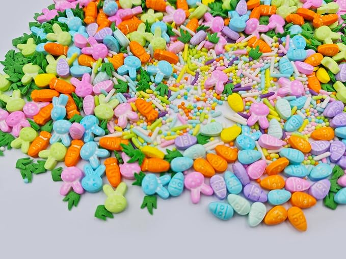 Edible Easter Sprinkles, Pastel Sprinkles Mixed with Mini Bunny Carrot Egg Jimmies Nonpareils Green Grass for Ice Cream Cupcakes Cookies Topping Cake Decorating, 4.23 oz