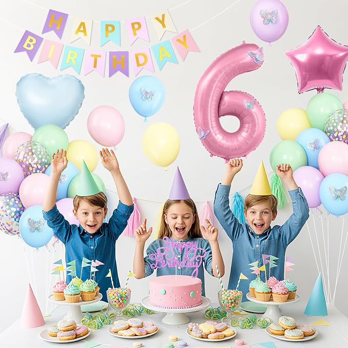 Pastel 6th Birthday Decorations for Girl,Macaron Rainbow 6th Party Decoration Pink Blue Purple Green Yellow Colorful Balloons Banner Star Heart Number 6 Foil Balloon Cake Topper Butterfly Stickers