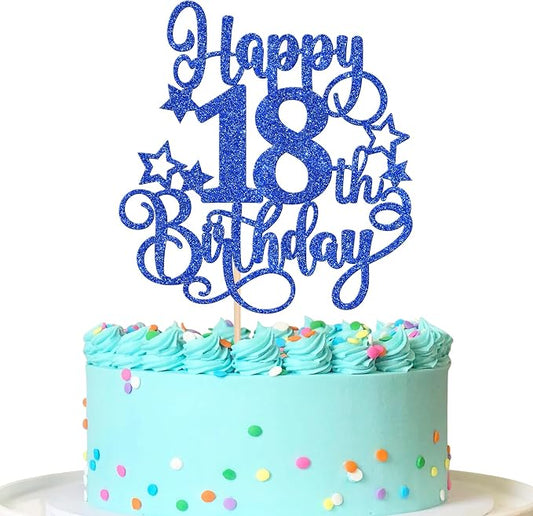1 PCS Happy 18th Birthday Cake Topper Glitter Cheers to 18 Years Birthday Cake Pick Hello 18 Fabulous Cake Decoration for Happy 18th Birthday Anniversary Party Decorations Supplies Blue