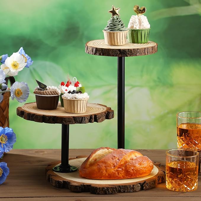 Chunful 3 Tier Round Natural Wood Cupcake Dessert Stand, Cup Cake Tower Stand Holder, Wooden Cake Display Tiered Centerpiece for Party, Birthday, Wedding, Baby Shower, Holiday Decoration