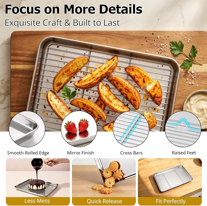 Onader Baking Sheet with Cooling Rack Set, 9¼ x 7 Inch Small Cookie Sheets for Baking, Stainless Steel 1/8 Sheet Pan and Wire Rack Set, Metal Toaster Oven Pan Tray, 1 Pan + 1 Rack