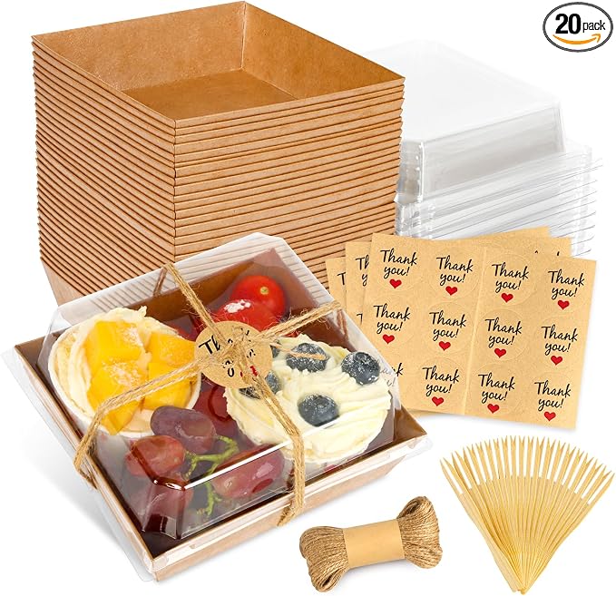 20Pcs Small Charcuterie Boxes with Clear Lids - Paper Mini Charcuterie Boxes To Go, Disposable Food Container with Lid, Dessert Boxes for Sandwich, Cookie, Sushi, Cake Slice, and Strawberries