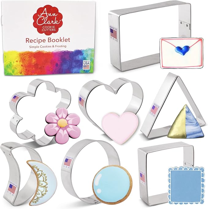 Ann Clark Basic Geometric Classic Shapes Cookie Cutters 7-Pc. Set Made in USA, Heart, Circle, Square, Rectangle, Triangle, Crescent Moon, Flower