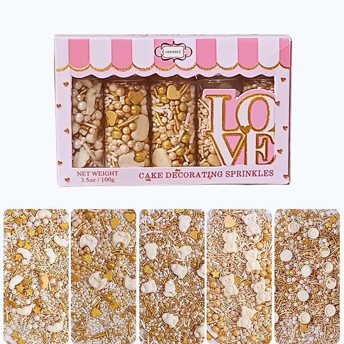 Confect Neutral Baby Shower Sprinkles | Gander Reveal Sprinkles | Mix Gold, Silver, Pearl & Mint Green Sprinkles | Pack of 5 Edible Sprinkle | Vegan, Gluten-Free, Nut-Free, Soy-Free, Dairy-Free, Palm Oil-Free - 5 Oz