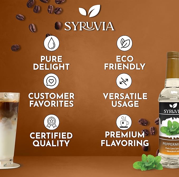 Syruvia Coffee Syrup, Peppermint Flavored Syrup for Drinks, Lattes, and Desserts – 25.4 fl oz - with Pump
