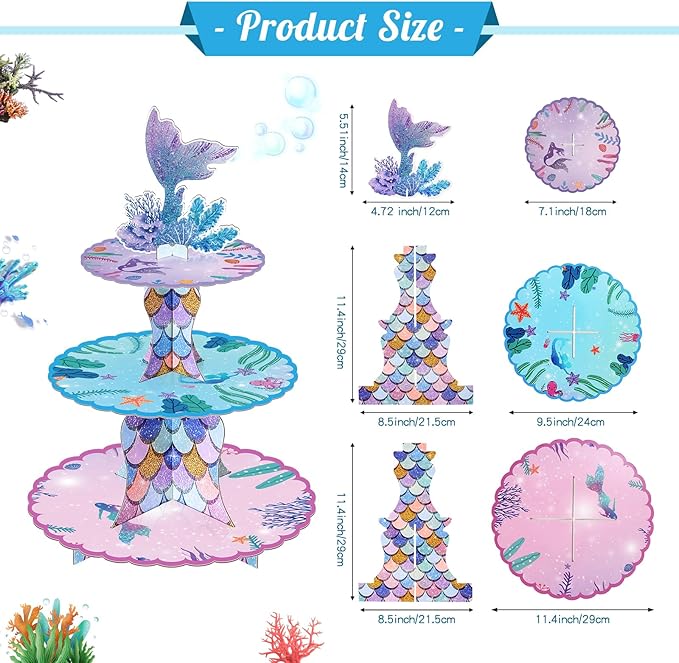 BACUTHY 2 Pack Mermaid Cupcake Stand Birthday Party Decorations, Under The Sea Supplies Favors with Mermaid Tail Toppers for Little Girl, Baby Shower