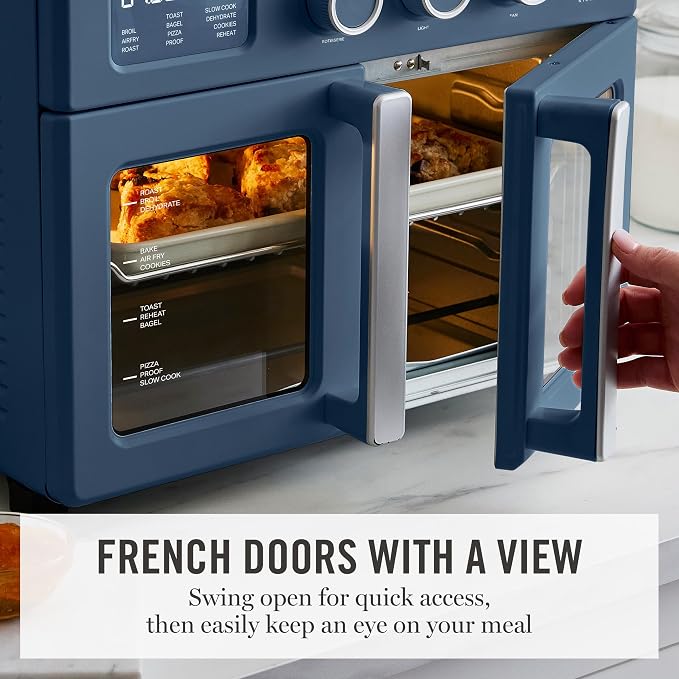 Martha Stewart French Door Air Fryer Toaster Oven Combo, 34QT Countertop Convection, 12-in-1, Bake, Broil, Roast, Fits 12” Pizza, Dehydrate, 5 Accessories, Air Fry Basket, Stainless Steel, Indigo Blue
