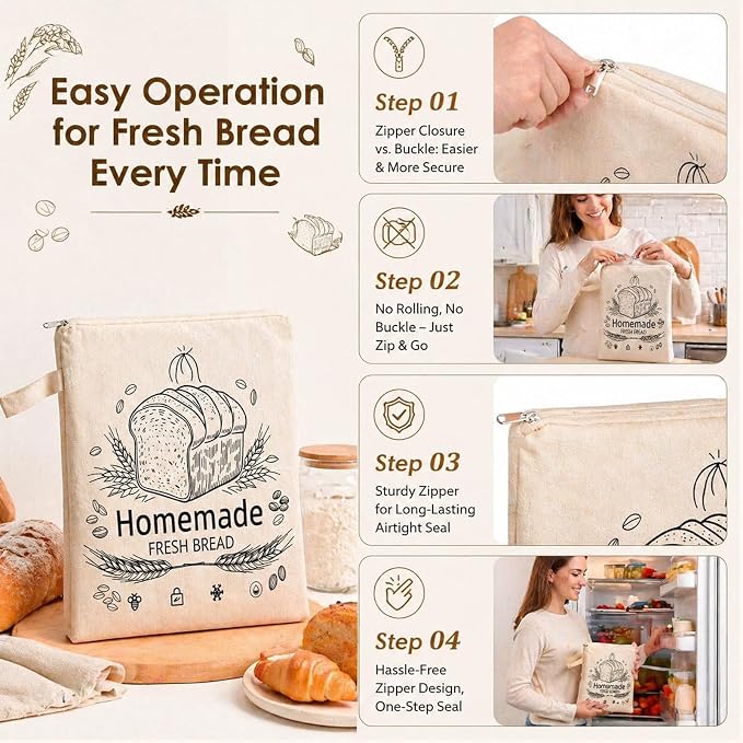 Beeswax Bread Bags, Bread Bags for Homemade Bread, Bees Wax Bread Bag, Reusable & Eco-Friendly,100% Natural Beeswax & Cotton, Long-Lasting Freshness,Airtight & Freezer-Friendly Food Storage