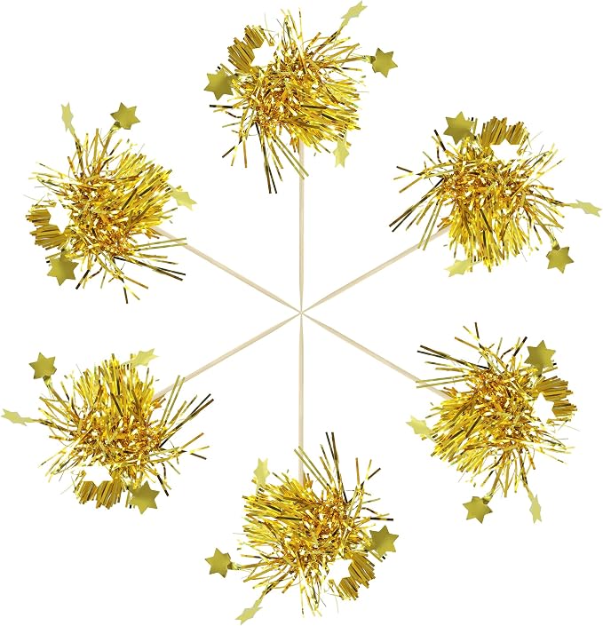 Gyufise 30Pcs Star Foil Firework Cupcake Toppers Sparkle Tinsel Cake Toppers Tinsel Drink Cake Decoration Cocktail Picks for Birthday Wedding Graduation Party Supplies Gold