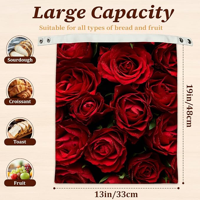 Beeswax Bread Bags, 2 Pack for Homemade Bread and Sourdough Storage | Red Rose Flower, Reusable Polyester Bread Storage With Beeswax Coating And Snap Closures
