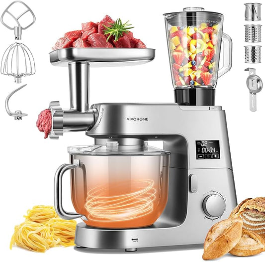 VIVOHOME 9 in 1 Multifunctional Stand Mixer with Fermentation, 6 Speed 7.5 Quart Kitchen Electric Food Mixer with Timer, Meat Grinder, Juice Blender, Vegetable Slicer, Pasta and Cookie Maker, Silver
