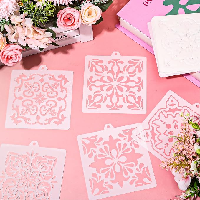 Whaline 15 Pcs Floral Tile Cookie Stencils Chinoiserie Toile Tiles Airbrush Painting Stencils with Bead Chain Decor Biscuit Coffee Cake Baking Reusable Templates for DIY Crafts Birthday Party