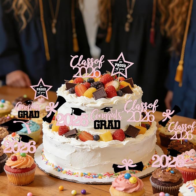 48 PCS Grad Cupcake Toppers, 6 Styles Graduation Cake Topper, Congrats Glittery Graduation Decorations 2026, Black and Pink Cap and Diploma Cake Picks for Grad Party Supplies