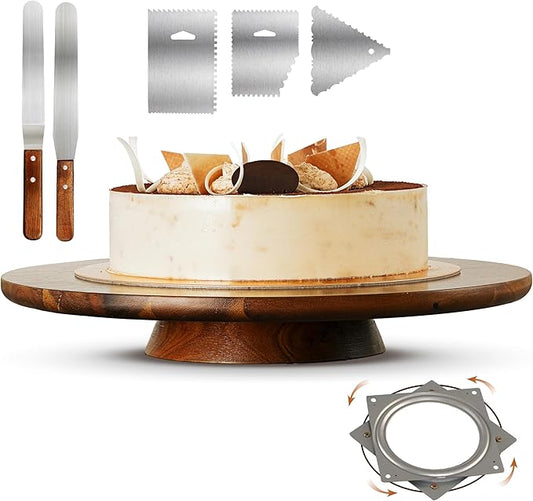 TIDITA 13" Acacia Cake Stand Rotating – Rustic Wood Pedestal Stands Turntable with 2 Icing Spatulas, 3 Smoothers – Wooden Spinning Cake Decorating Serving for Cupcake Dessert Display in Party, Wedding