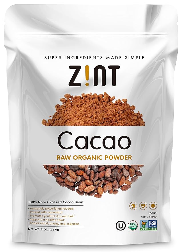 Zint Organic Cacao Powder (8 oz): Organic, Non GMO, Anti Aging Antioxidant Superfood, Gluten Free Cocoa Cacao Beans, Pure Delicious Chocolate Essence
