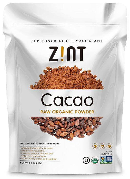 Zint Organic Cacao Powder (8 oz): Organic, Non GMO, Anti Aging Antioxidant Superfood, Gluten Free Cocoa Cacao Beans, Pure Delicious Chocolate Essence