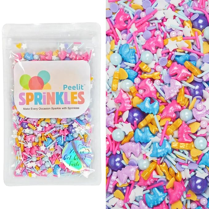 Peelit Rainbow Unicorn Sprinkles Mix, 4oz | Edible Glitter & Pearls, For Cupcakes, Birthday Cakes & Ice Cream, Funfetti Candy Topper, Halal & Gluten-Free, Resealable Bag