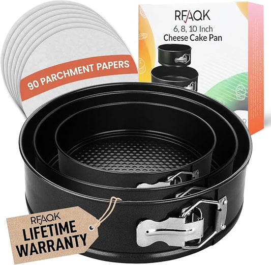 RFAQK Springform Pans Set of 3 - Non-Stick Leakproof Round Cheese Cake Pans 6" 8" 10" for Baking with 90 Pcs Parchment Paper Liners and Ebook - Perfect for Cheesecakes, Layer Cakes Baking, & More!