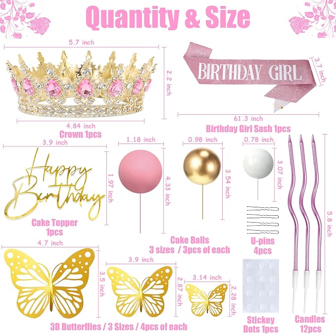 Crown & Birthday Sash for Women - Crown Happy Birthday Cake Topper Candles Balls Butterfly | Corona Para Pastel | Sweet Crown Decorations for Queen Princess Bride Wedding Prom (Gold, Pink)