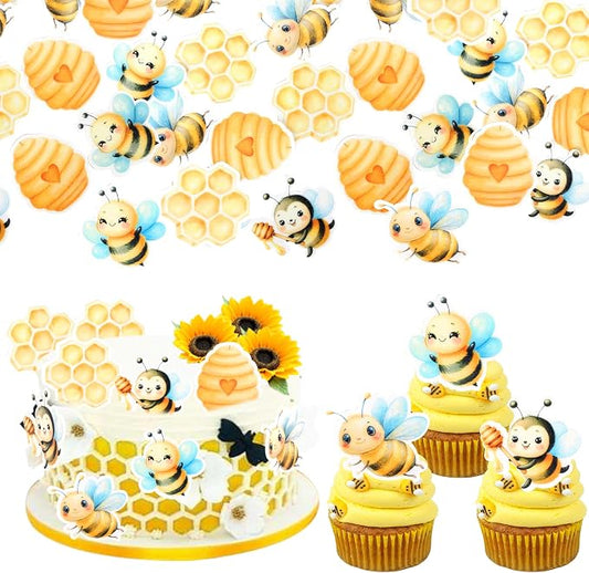 60 PCS Edible Bumble Bee Cupcake Toppers Waper Paper Honey Bee Cupcake Picks Edible Oh Babee Cupcake Decorations for Bee Theme Baby Shower Boys Girls Birthday Party Cake Food Decorations Supplies