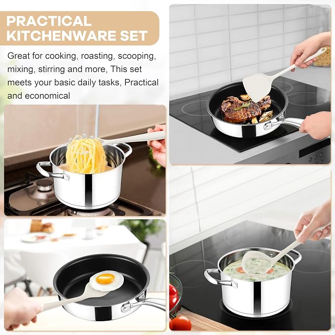 TeamFar Silicone Cooking Utensils Set, 8 PCS Kitchen Utensils Set, 446°F Heat Resistant, Turner, Spatula, Spoon, Whisk, Kitchen Cooking Gadgets Tools for Nonstick Cookware, Dishwasher Safe-White