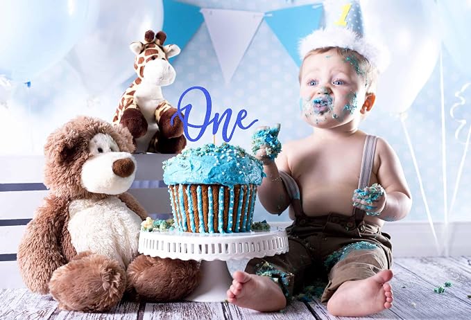 MYAMPED First Birthday Cake Topper - Glitter Dark Blue One Sign 1st birthday Cake Decorating Supplies, Suitable for Baby Shower Favors, Gender Reveal, Birthday Party or Photo Booth Props (Dark Blue)