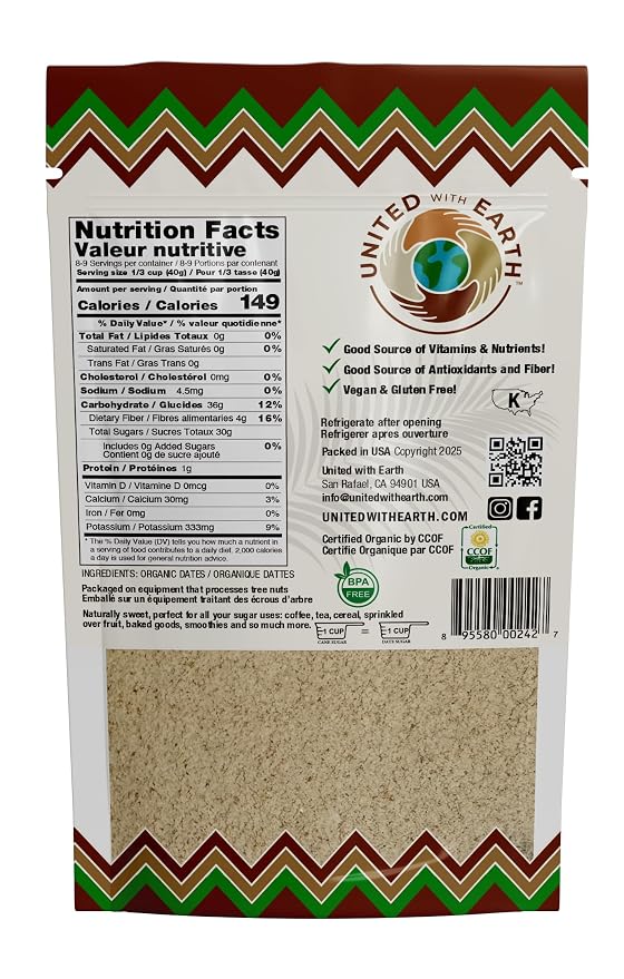 United With Earth Organic Date Powdered Sugar - 12oz (2-Pack) | Non-GMO, Gluten-Free, Vegan, Paleo, Certified Organic