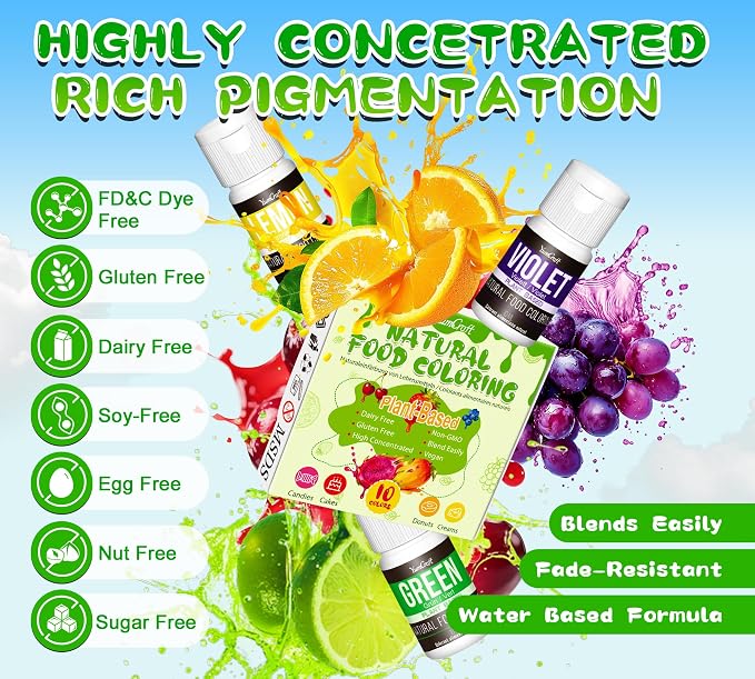Natural Food Coloring - 10 Plant-Based Organic Vibrant Liquid Dyes | Artificial Dye-Free, Non-GMO, Food-Grade, Dye Free Food Coloring | For DIY Baking, Cake Decorating, Frosting, Fondant