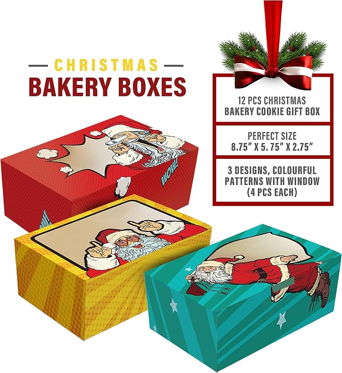 easykart labels 12 PCs Christmas Bakery Cookie Gift Box (8.75" x 5.75" x 2.75") in 3 Designs, Colorful Patterns with Window for Pastries, Cupcakes, Cookies, Brownies, Donuts, and Gift-Giving