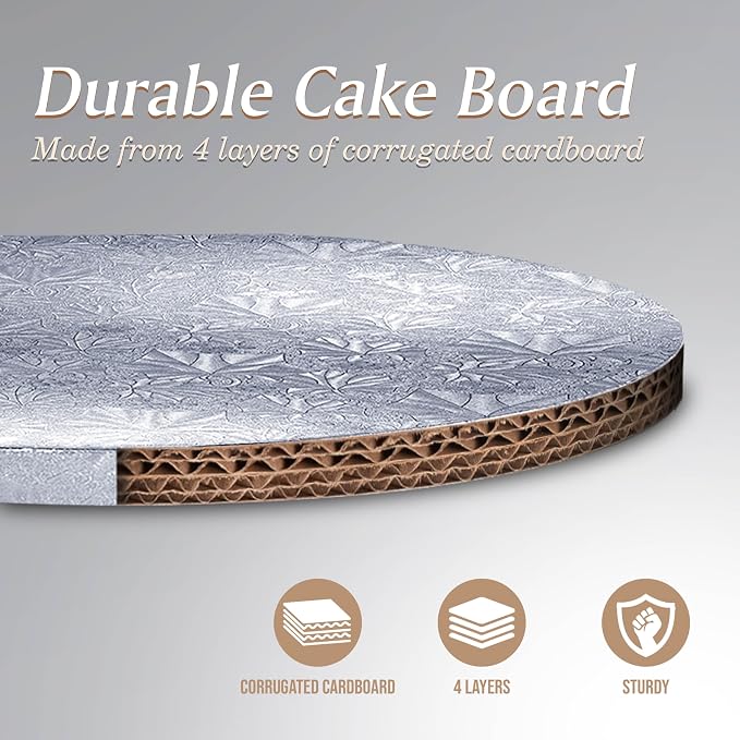 Cakebon Round Cake Boards - Sturdy 1/2 Inch Thick Cake Drums - 8 Inch Professional Base para Pastel Smooth Straight Edges Silver 3-Pack