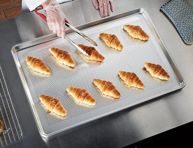 CURTA 6 Pack Aluminum Sheet Pan Perforated, NSF Listed Full Size 26 x 18 inch Commercial Bakery Cake Bun Pan, Baking Tray