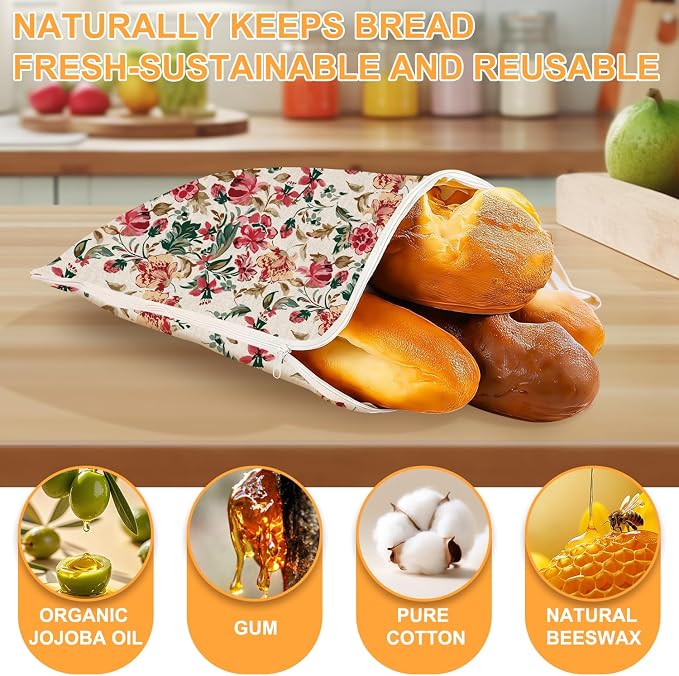 2-Pack Beeswax Lining Bread Bags for Bread Freshness 13"x17" | Reusable Beeswax Bread Bag for Sourdough, Floral Bees wax Bread Bags for Homemade Bread with Zipper