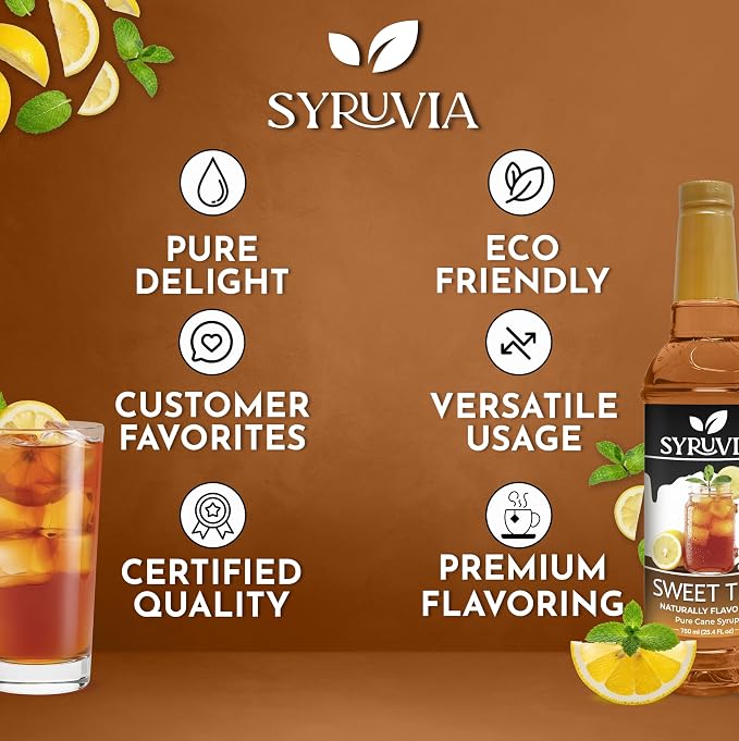 Syruvia Sweet Tea Syrup, Naturally Flavored Syrup for Teas, Drinks, Lemonades, Iced Teas, and Desserts – 25.4 fl oz - with Pump