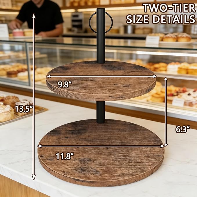 Cupcake Stand, 2 Pack Rustic Wood Cake Stand, 2 Tier Cupcake Tower Round Tiered Tray Stand for Dessert Table Display, Industrial Wooden Serving Stand Wedding, Graduation and Baby Shower