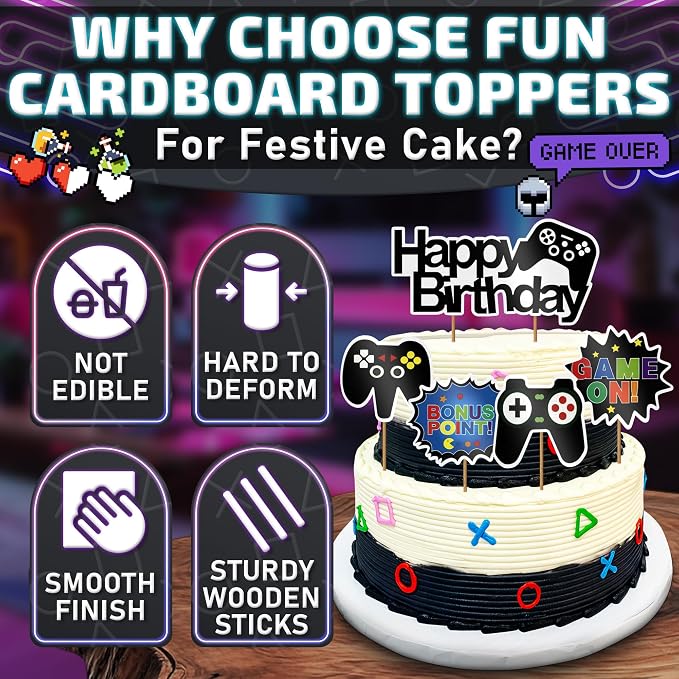 13 Pcs Gamer Cake Topper - Sturdy Cardboard Gamer Cake Decorations with Detailed Gamepads, Video Game Cake Topper Easy & Firm Installation Sticks - Splashy Video Game Decorations for Boys & Girls