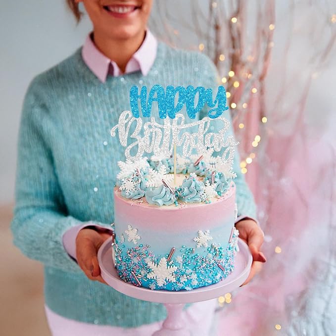 Gyufise 1Pcs Happy Birthday Cake Topper Glitter Happy Birthday Cake Pick for Winter Wonderland Wedding Anniversary Theme Party Cake Decorations Supplies Blue Silver