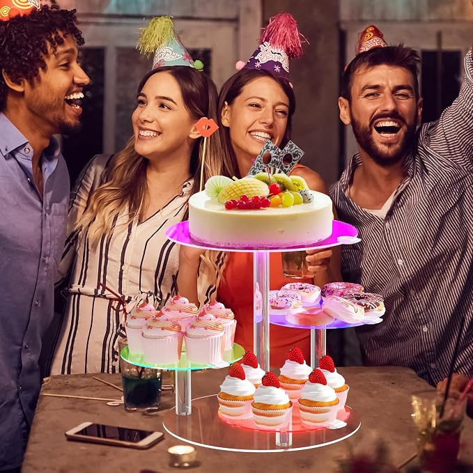 Cake Stand with Rechargable LED Light, Round Light Up Cupcake Stand, Cupcakes and Cakes Comb for 8-12 Inch Cakes, Tiered Cake Tree Tower, Clear Dessert Display Stand for Wedding Birthday Party