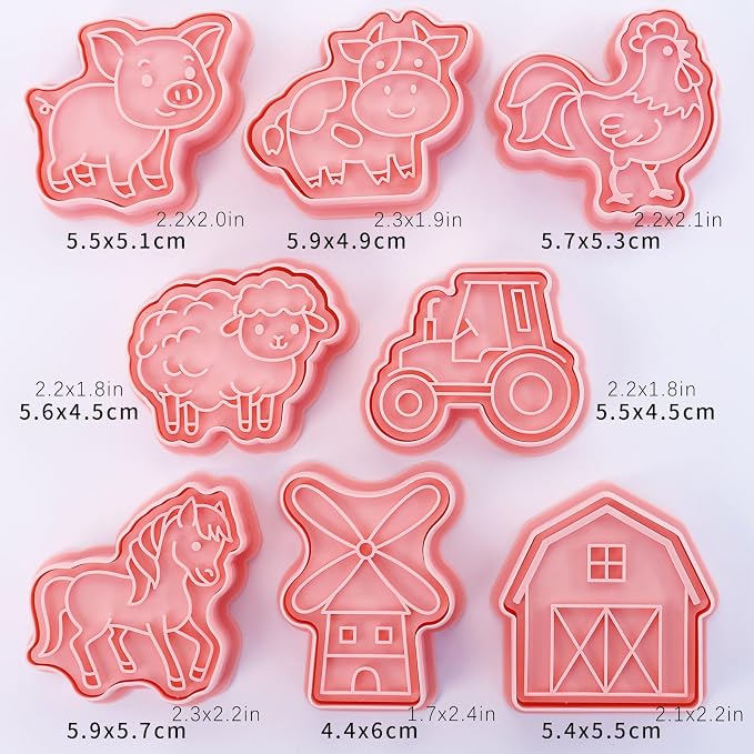 Farm Animal Cookie Cutter with Cookie Stamps 8 Pcs Plastic Farm Animal Theme Fun Cookie Mold for Children Baking (Farm)