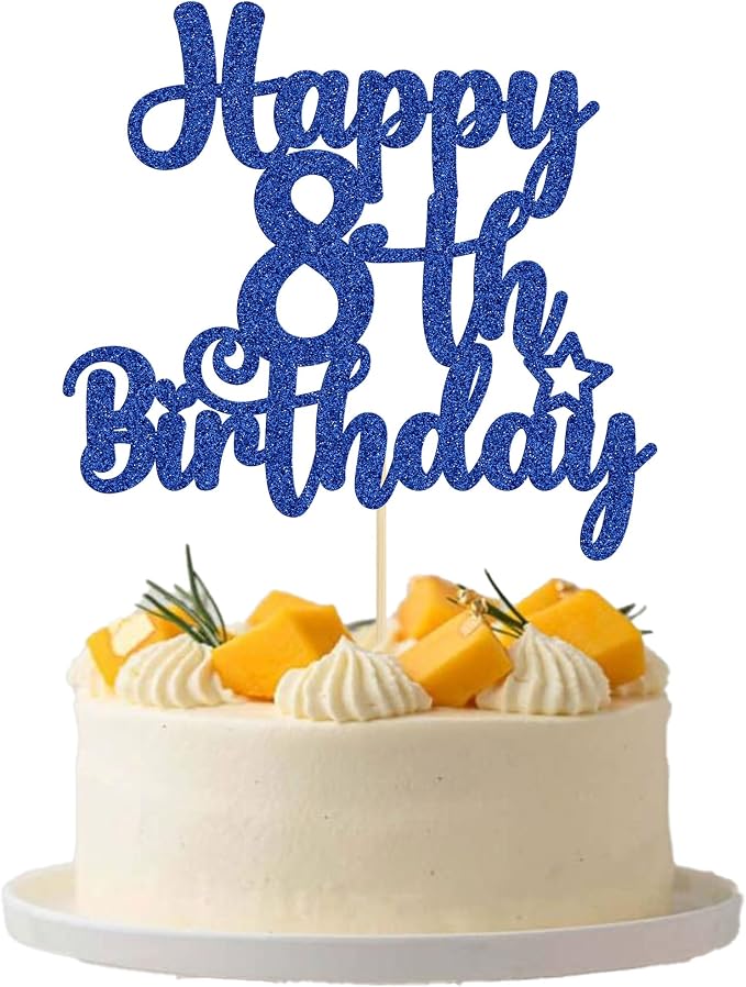 Gyufise 1Pc Happy 8th Birthday Cake Topper Glitter 8 & Fabulous Cheers to 8 Years Old Birthday Cake Pick for Celebrating 8th Anniversary Party Cake Decorations Supplies Blue
