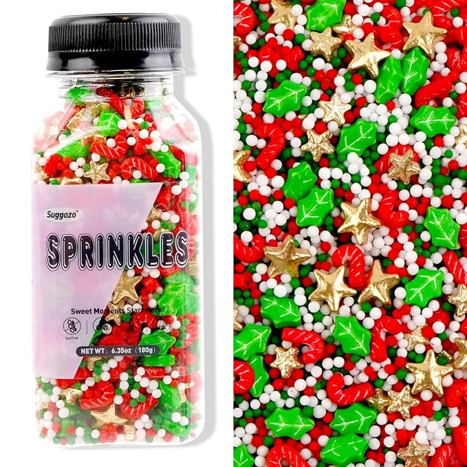 Christmas Sprinkles, Edible Christmas Sugar Sprinkles for Cake Decorating, Cupcake, Cookies, Baking Cake Topper Decorations, Holiday Party Supplies, Cane, Star, Tree, 180g/ 6.35oz