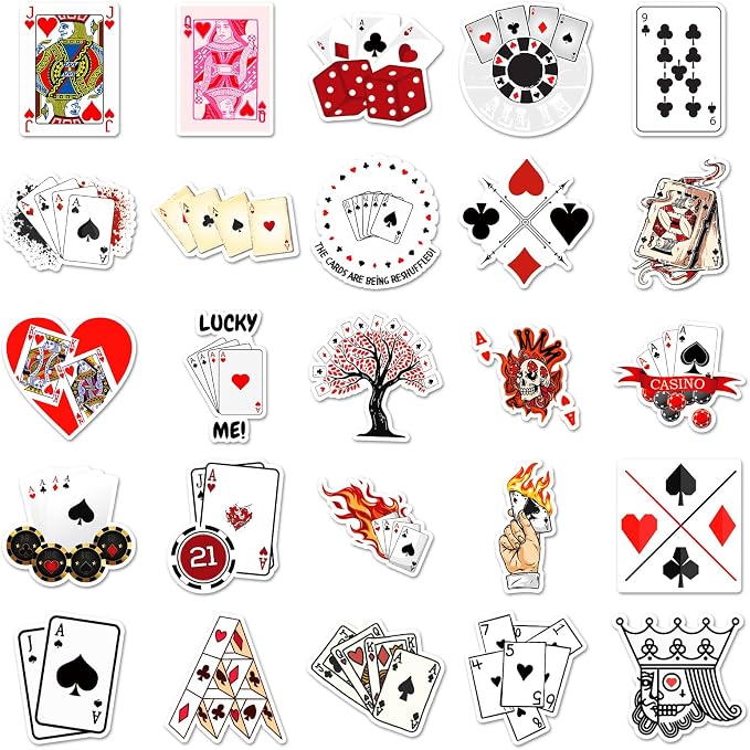 Casino Stickers, 50Pcs Poker Playing Card Dice Gambling Decals Lucky Heart Diamond Club Stickers for Bottle Skateboard Car Luggage Guitar Las Vegas Casino Theme Party Decor Stickers