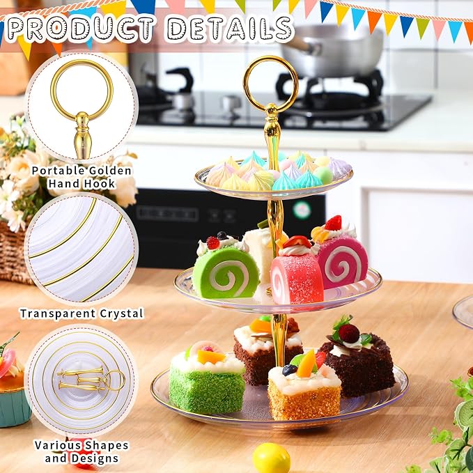 Teenyyou 8 Pack 3 Tier Cupcake Stand Bulk Tiered Dessert Stand Thick Plastic Serving Tray with Gold Edges Dessert Table Display Set Tea Cake Holder for Wedding Birthday Party(Clear,Round)