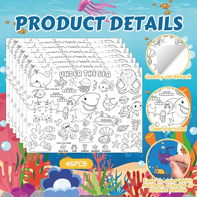 45pcs Under The Sea Disposable Coloring Placemats Ocean Crafts for Kids Party Favors Coloring Poster Classroom Activities Birthday Party Supplies Paper Table Mats