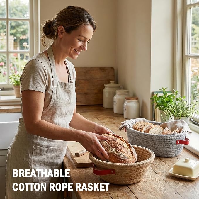 2 Pack Bread Proofing Basket Set, Cotton Rope Banneton with Liners & Covers, Oval & Round in Grey & Coffee for Sourdough and Artisan Bread Baking