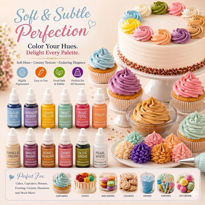 Confect Pastel Elegance Water Color Food Coloring Set – Highly Pigmented Oil Based Food Colors for Cakes, Buttercream, Drinks, Popsicles & Baking – 12 Pack × 10mL